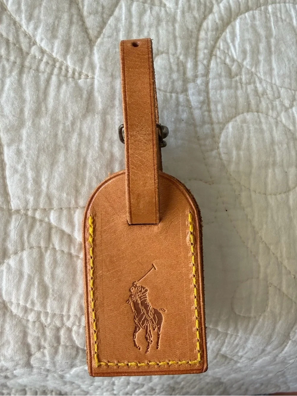 Ralph Lauren VINTAGE Polo Tan Leather 3in + Belt Luggage ID Tag Yellow Stitching